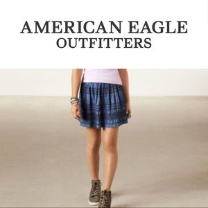 AEO American Eagle embroidered tiered chambray jean A-line zip back skirt Size 4